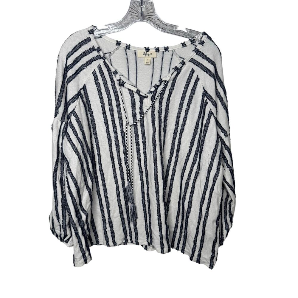 Style & Co Women’s‎ 1X Striped Boho Peasant Top Tassel Tie V-Neck Long Sleeve